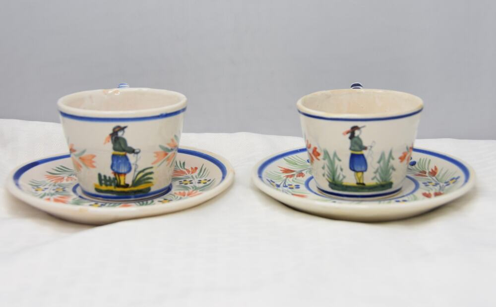 19c. Hand Painted France Henriot Quimper MAN Faience Flat Cup & Saucer Set